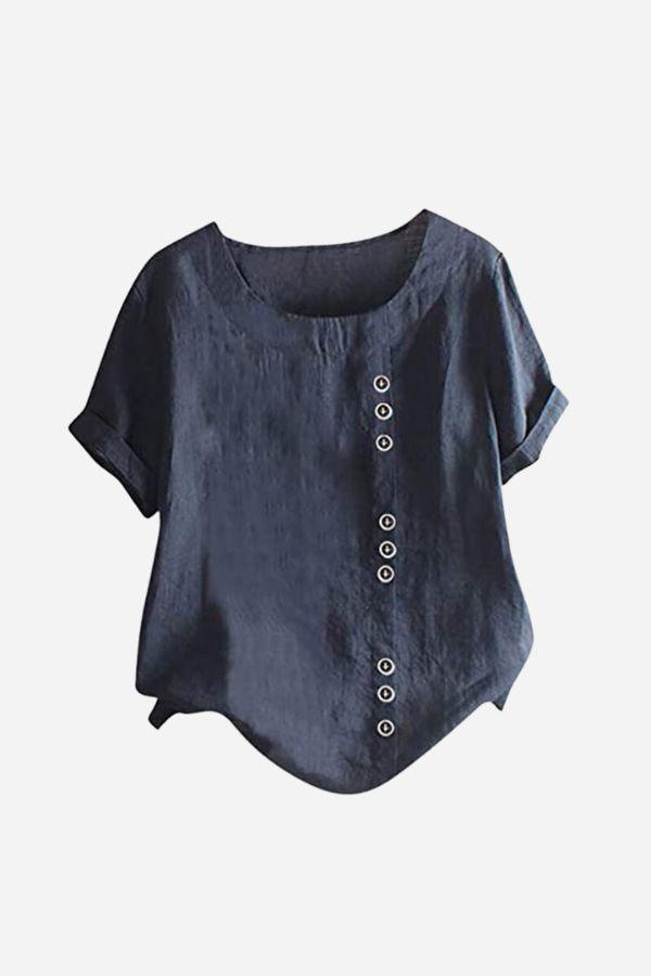Relaxed fit linen button-up tee in navy blue with short sleeves and stylish button detail.