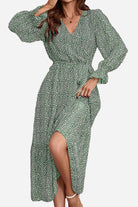 Green floral Bloom Wrap Midi Dress with airy trumpet sleeves and flattering A-line silhouette