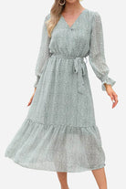 Bloom Wrap Midi Dress in chiffon with floral print, trumpet sleeves, and A-line silhouette