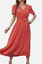 red charming floral boho maxi dress with wrap V-neck, short sleeves, adjustable belt, and ruffle hem made of chiffon polyester material