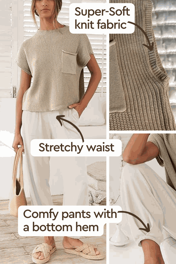 Comfy Couture Knit Sweater two-piece set with super-soft knit fabric, stretchy waist, and comfy pants with bottom hem.