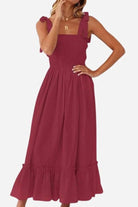 Sunkissed Spaghetti Boho Dress in burgundy with adjustable straps and flowy silhouette