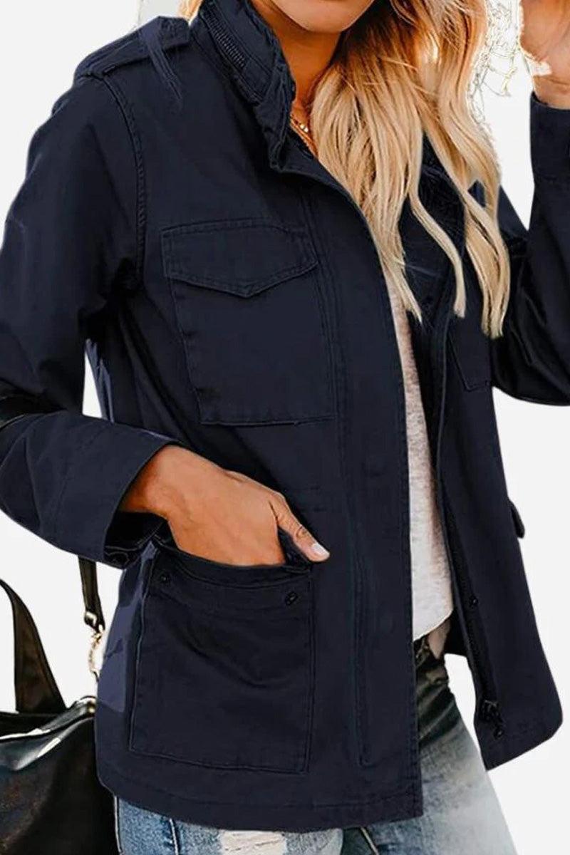 woman wearing black fashion cargo utility jacket with multiple pockets and zipper front