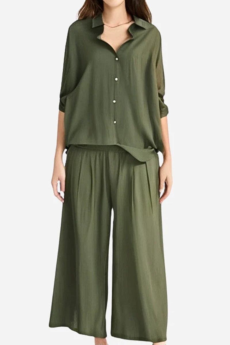 Olive green oversized shirt and palazzo pants two-piece linen set for women