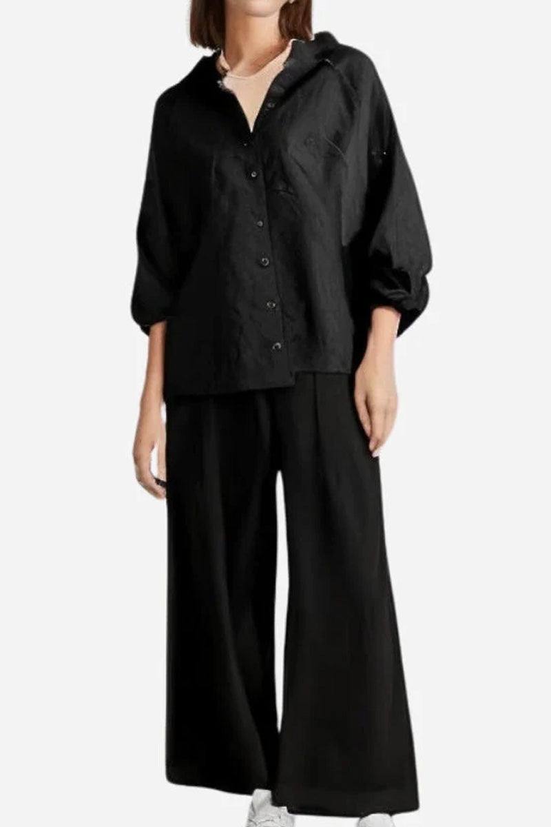 Black oversized shirt and palazzo pants two-piece linen set with loose, breathable fit