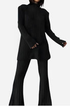 Timeless Striped Two-Piece knitwear set in black ribbed polyester with long sleeves and flared pants