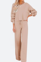 beige round neck loose fit cozy two-piece set with long sleeves and drawstring pants
