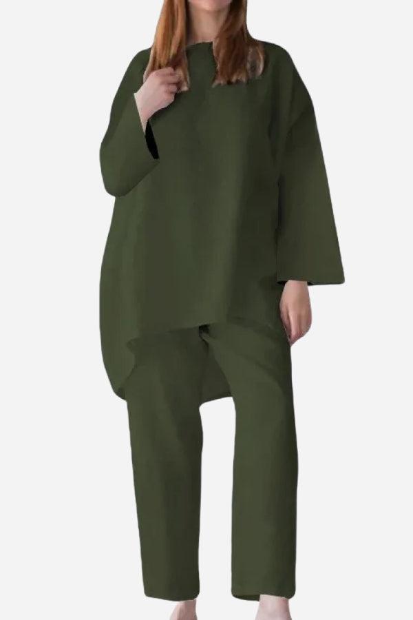 Everyday Fashion Loose-Fit olive green two-piece matching set with relaxed fit and comfortable fabric