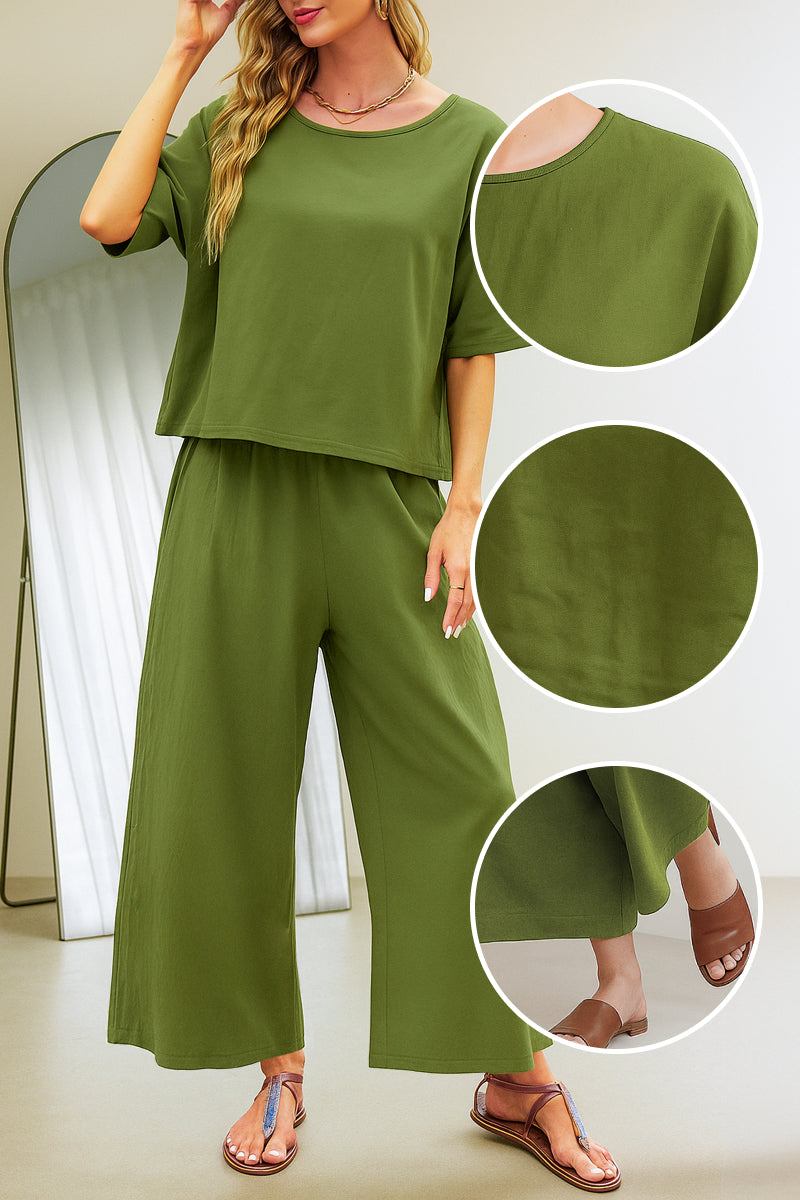 Olive green loose fit co-ord set with short-sleeve top and wide-leg pants in breathable fabric for casual comfort