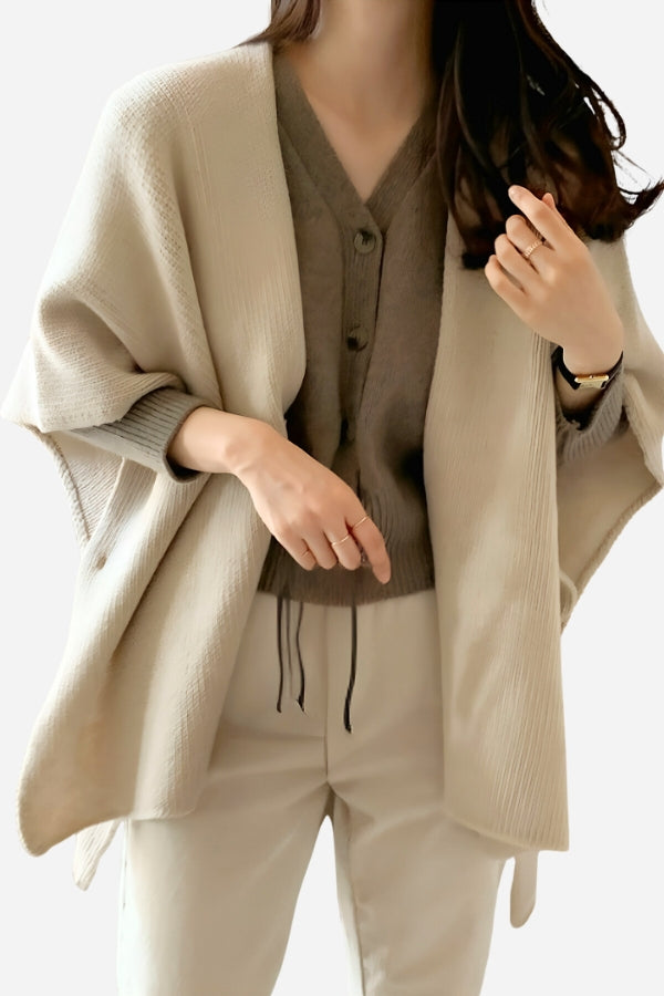 Relaxed flowy open front knitwear cardigan in beige with loose fit and soft texture