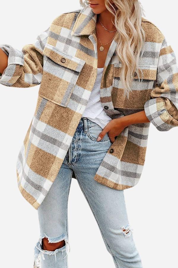 Comfy Flannel Classic button-down shirt in beige, gray, and white plaid with chest pockets and rolled sleeves worn with distressed jeans