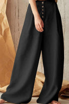 Black button front high waist palazzo pants with wide legs and comfortable fit