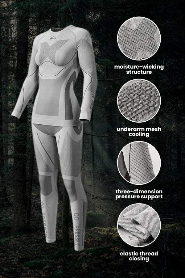 AeroTherm Breathable Warmth insulation set with moisture-wicking fabric, underarm mesh cooling, 3D pressure support, and elastic thread closure, designed for lightweight warmth and comfort.
