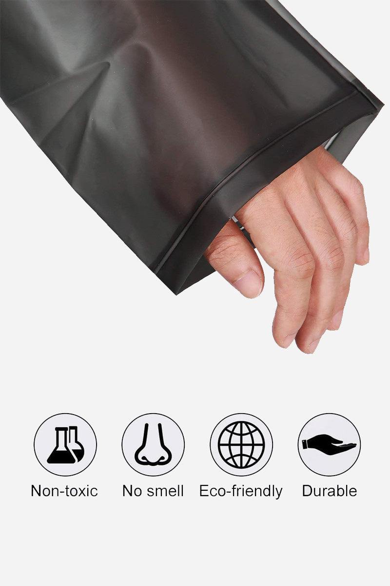 Close-up of Chic Drizzle Defender raincoat sleeve highlighting non-toxic, no smell, eco-friendly, and durable features
