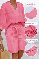 Pink two-piece set with loose V-neck shirt and high-waisted tummy-tucking shorts in premium cotton fabric