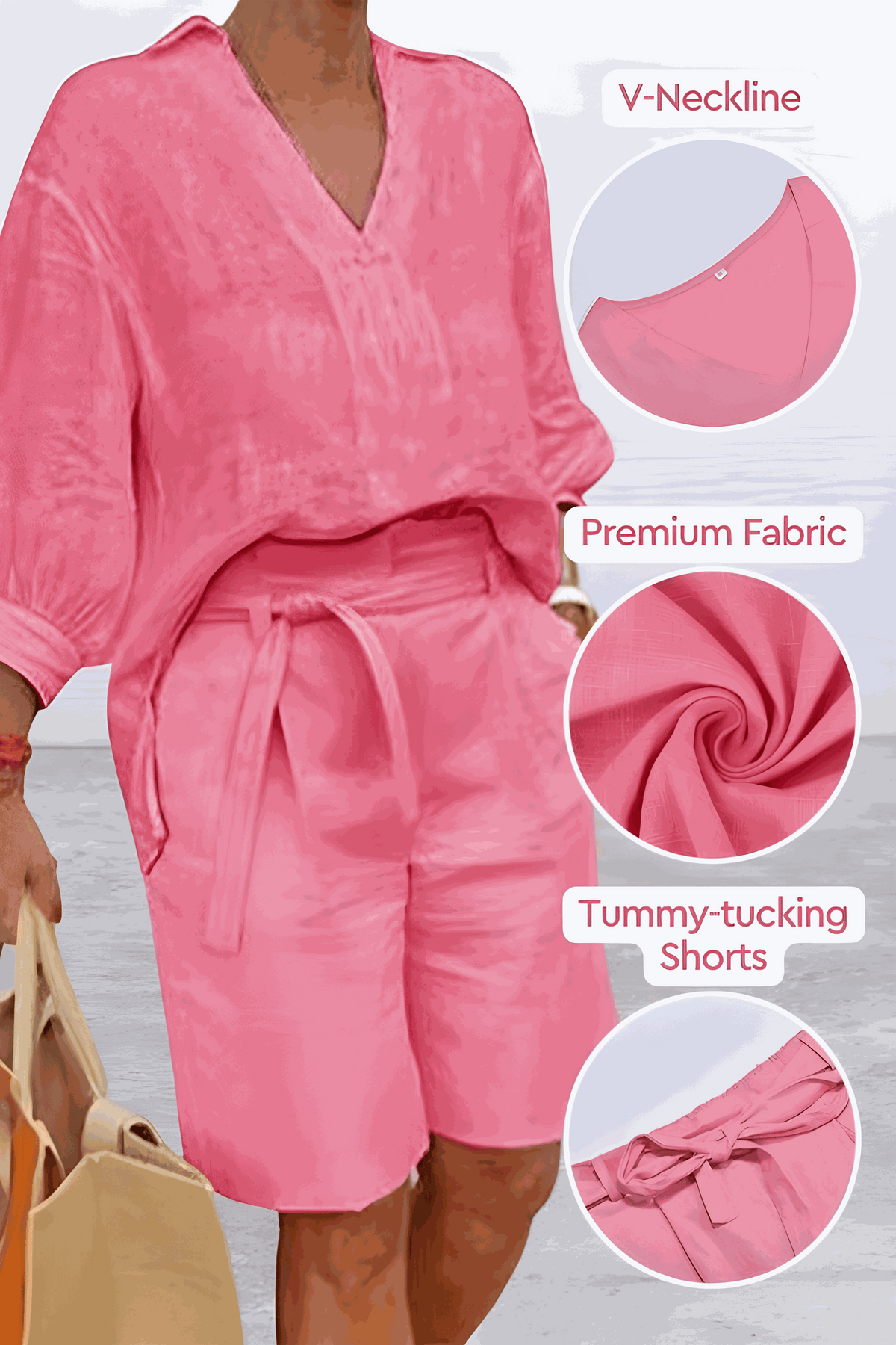 Pink two-piece set with loose V-neck shirt and high-waisted tummy-tucking shorts in premium cotton fabric