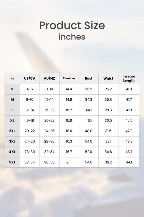 Size chart for Short-sleeved Pullover & Wide Trouser Matching Set with measurements in inches for US/CA and AU/NZ sizes