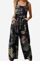 women's black loose fit floral print Bohemian Fantasy Overalls with square neckline and button straps