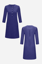 Blue cotton dress with 3/4 sleeves, half-button front, and practical pockets, shown front and back view