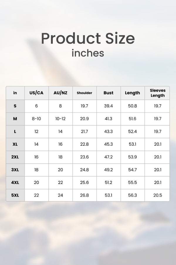 Bohemian maxi dress size chart with shoulder, bust, length, and sleeve measurements in inches for US, CA, AU, and NZ sizes.