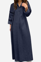Navy blue Bohemian Maxi Dress with temperature-control fabric and body-balance cut, featuring a shallow V-neck and wrist-length sleeves.