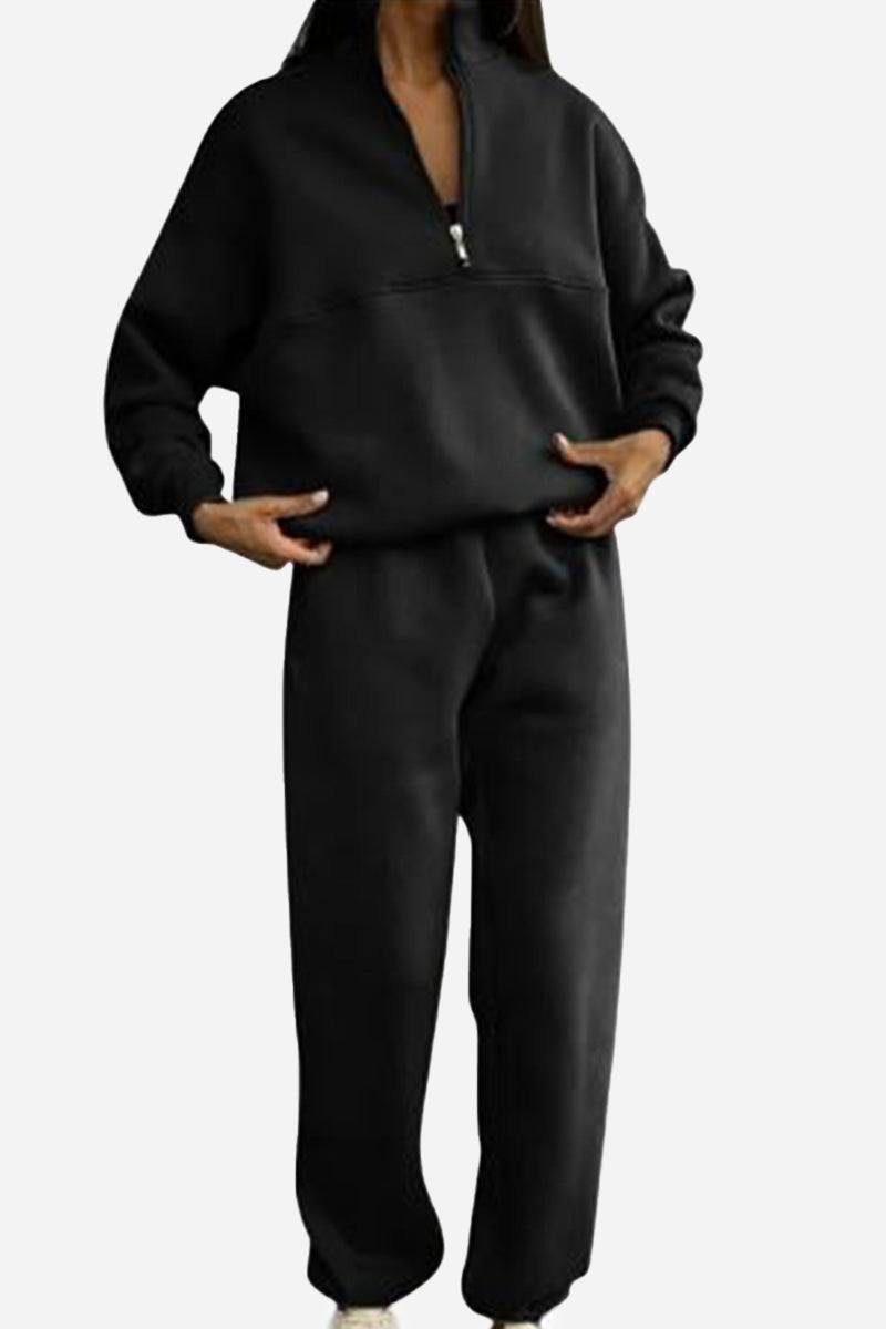 Black cotton-blended two-piece tracksuit with high collar and zipper front for comfortable athleisure wear