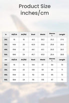 Size chart for Zip Front Long Sleeve one-piece swimsuit with measurements in inches and centimeters for bust, waist, sleeves, and length in sizes 2XL to 5XL.