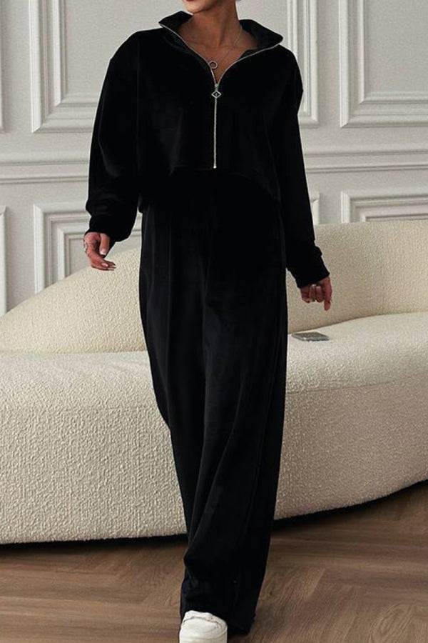Black velour zip-up cropped sweatshirt with wide leg pants leisure two-piece co-ord set