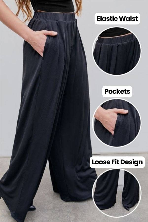 Black stretchy wide-leg pants with elastic waist, pockets, and loose fit design for all-day comfort and style