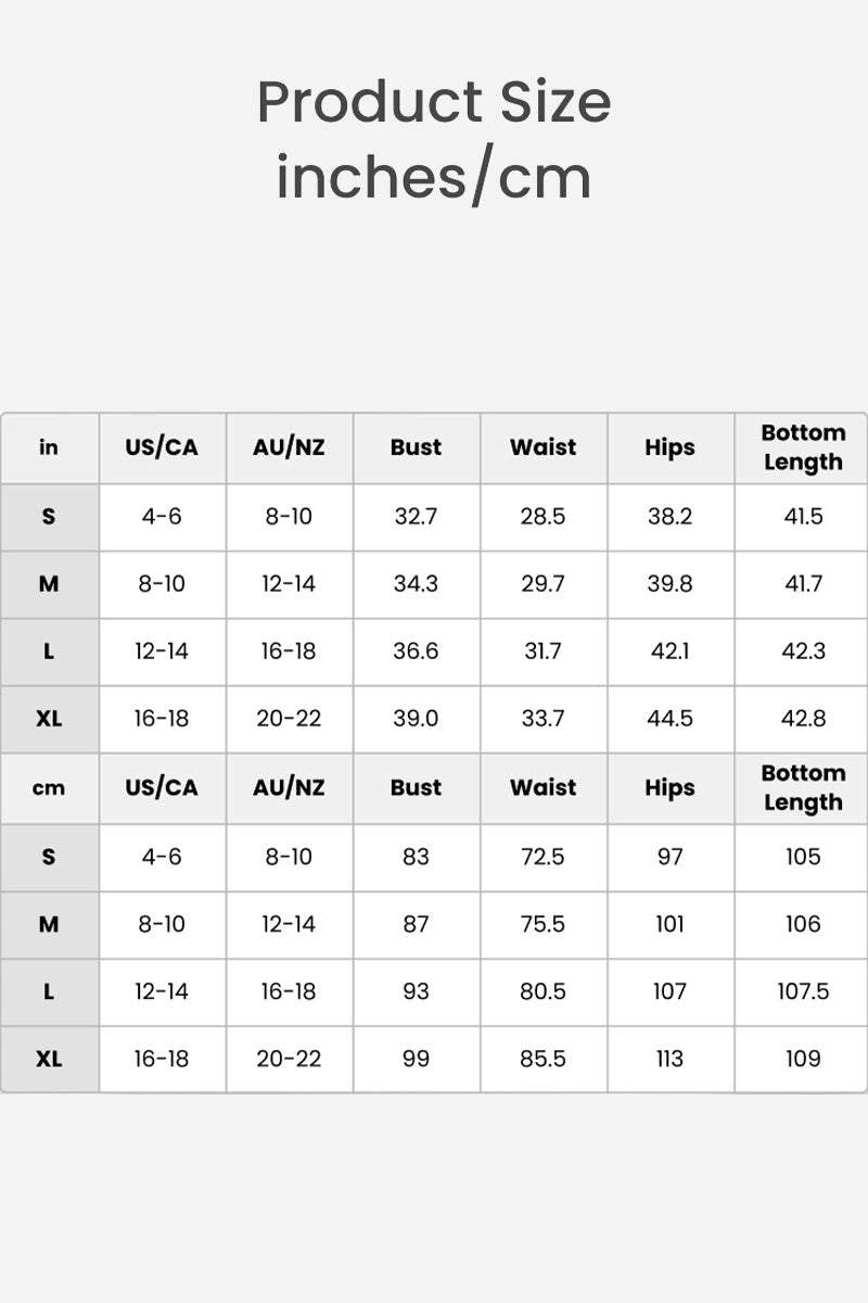 Size chart for sleeveless wide leg pants jumpsuit showing bust, waist, hips, and bottom length in inches and centimeters for sizes S to XL.