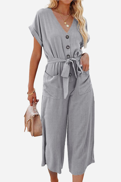 V-neck Lace-up Pocket Jumpsuit With Tie