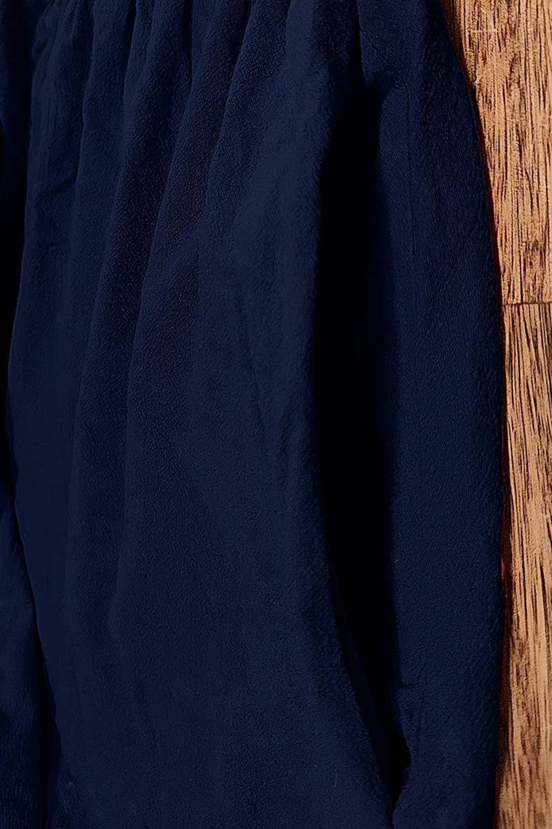 Navy capped-sleeve voluminous pleated midi dress with breathable fabric and pocket detail