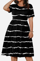 Black short-sleeved pleated dress with white stripes, high waist, and modest cut with pockets.