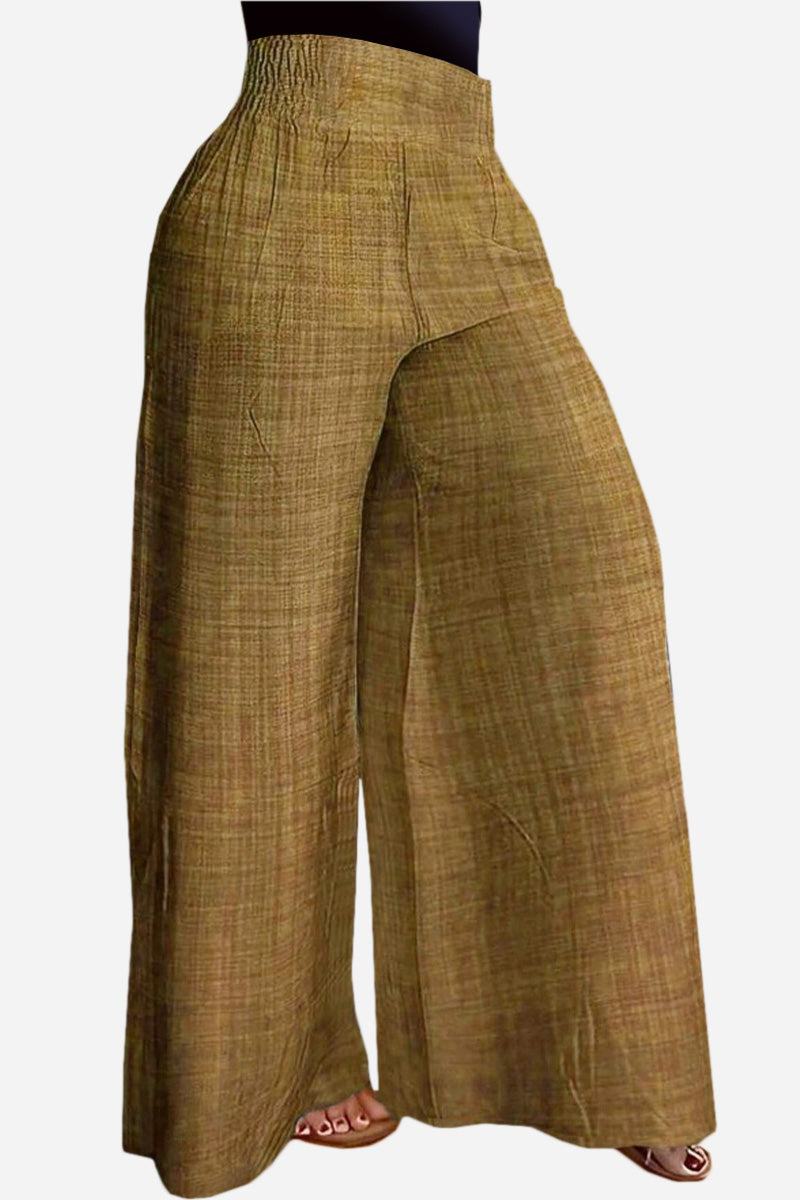 Brown high waist wide leg pants with lightweight fabric and relaxed fit for comfortable and stylish wear.