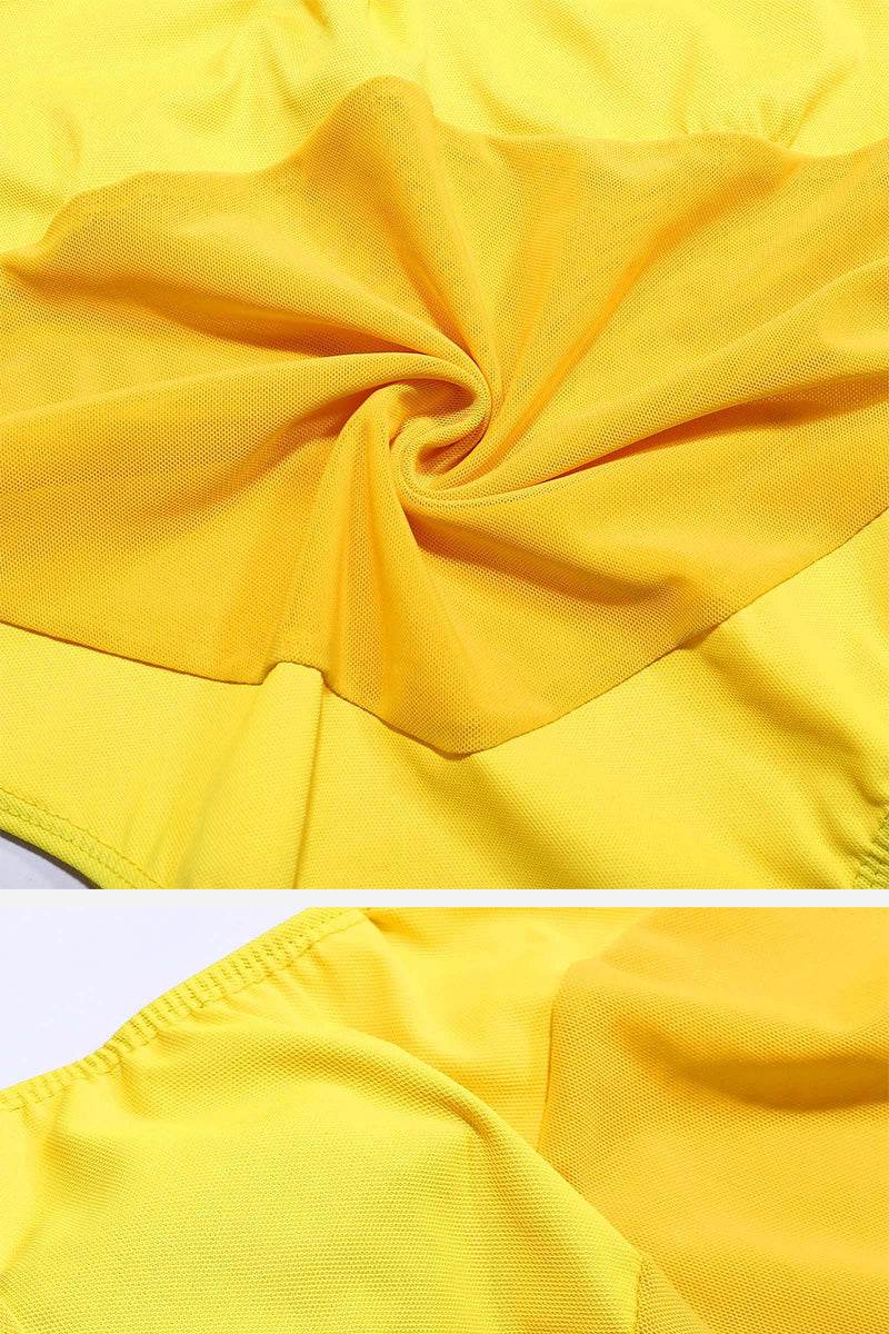 Yellow mesh fabric of the Mesh Tan-Through One Piece Swimsuit showing breathable, stretchy material and smooth texture for even tanning.