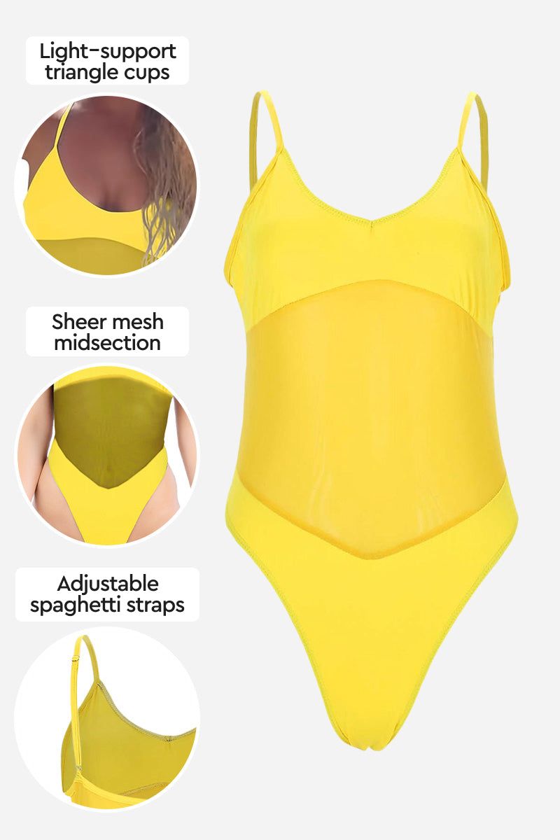 Yellow Mesh Tan-Through One Piece Swimsuit with light-support triangle cups, sheer mesh midsection, and adjustable spaghetti straps