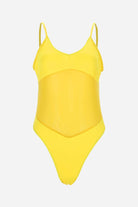 Yellow mesh tan-through one-piece swimsuit with adjustable straps and breathable fabric for even tanning and comfort