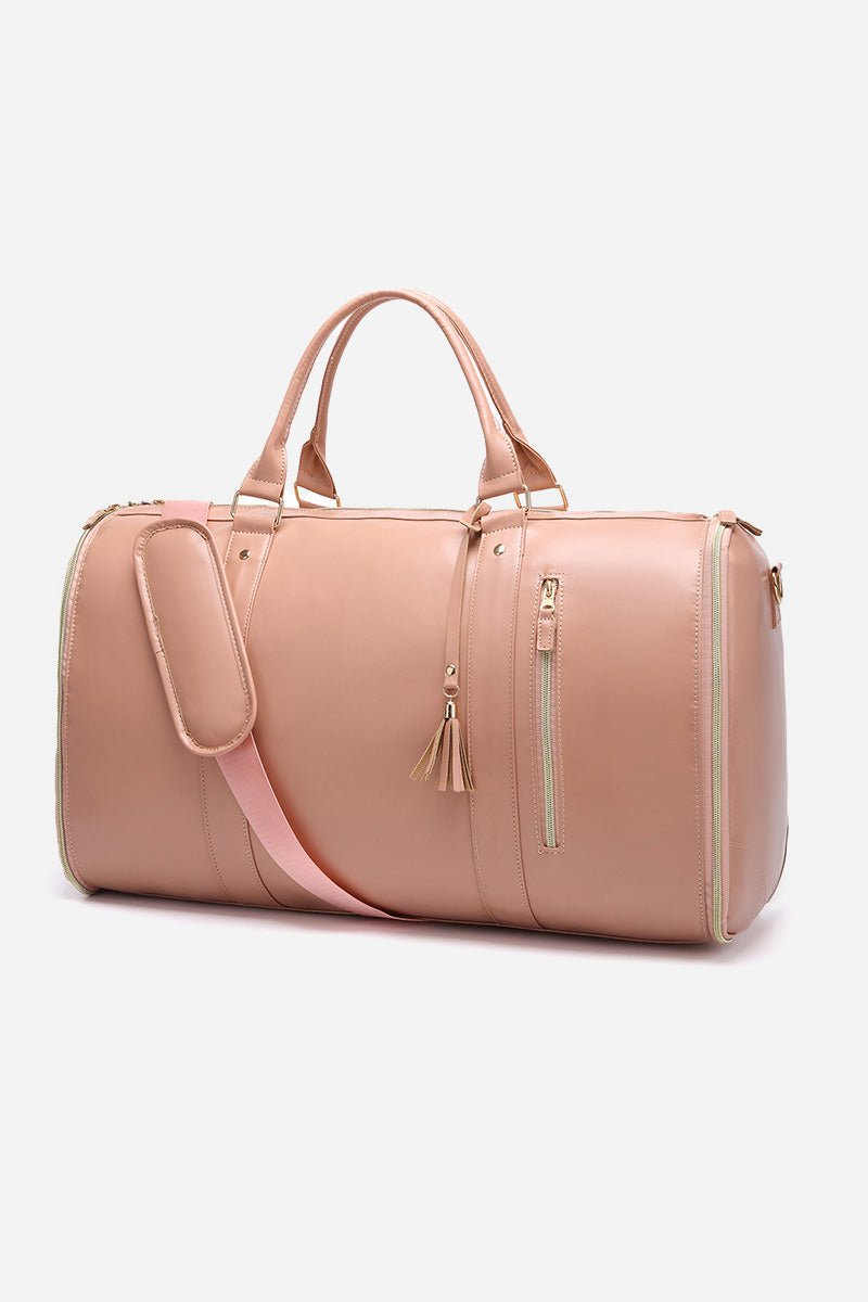 Pink no-wrinkle foldable travel bag with handles and shoulder strap in waterproof PU leather