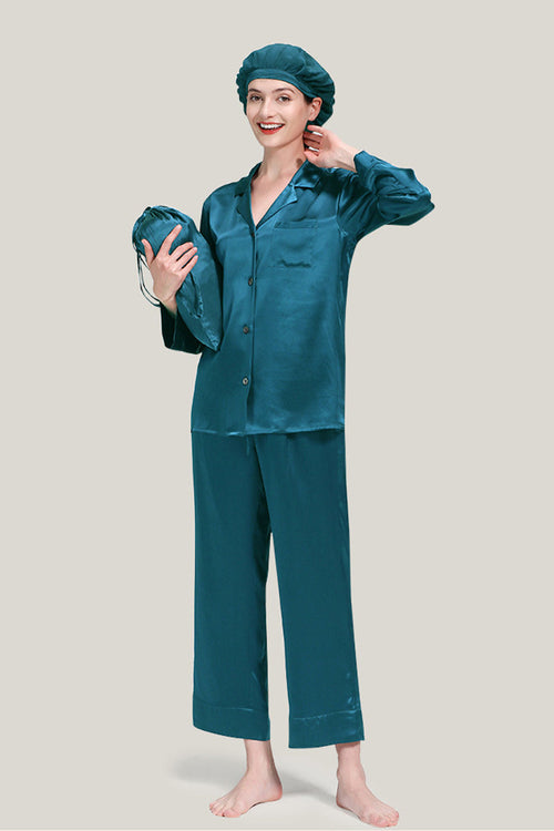 Classic Mulberry Silk Pajama Set with Sleep Cap