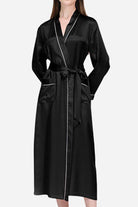Black Mulberry Silk Nightgown with long sleeves and sash belt, featuring a relaxed fit and breathable fabric.