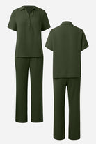 Olive green breathable linen-look set with short sleeve top and wide-leg pants, stylish and comfortable loungewear for home and beyond