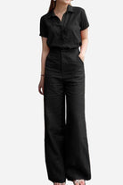 Woman wearing black linen-look set with short sleeves and wide-leg pants