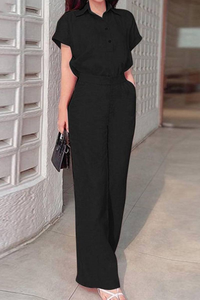 Black linen-look set with short sleeve button-up top and wide-leg pants, breathable and stylish loungewear for home and outings.