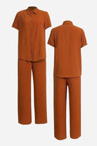 Brown breathable linen-look set with short-sleeve button-up top and wide-leg pants, styled for comfort and versatility.