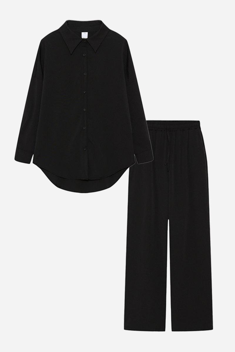Black professional two-piece set with button-up shirt and matching pants for polished business wear