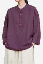 Women's one size ramie linen & cotton blouse with long sleeves and front buttons in purple tone