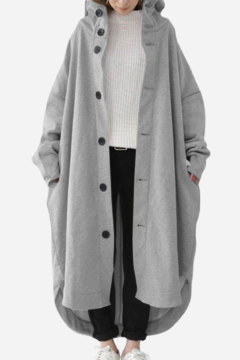 Gray oversized everyday buttoned hooded coat with relaxed fit and roomy pockets, worn over casual outfit