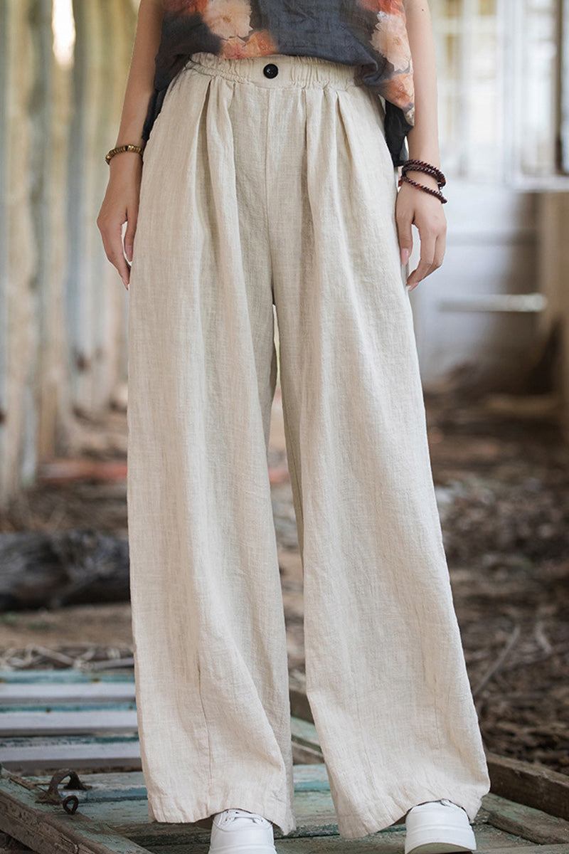 Women's sandwashed ramie linen loose fit beige pants with button waist and wide legs
