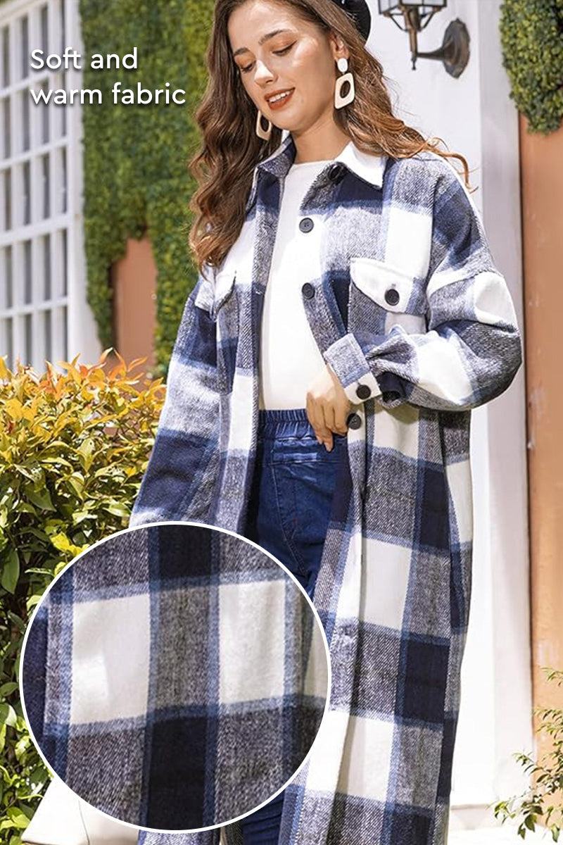 Woman wearing oversized medium-length blue plaid overshirt with soft warm fabric in outdoor setting