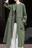 Oversized casual loose ramie linen cardigan in green with front pockets and button closure